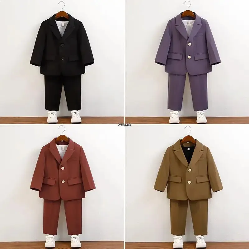 Little Boys Pography Suit Baby Boys Jacket Pants 2PCS Dress Children Formal Wedding Ceremony Costume Kids Performance Blazer 240313