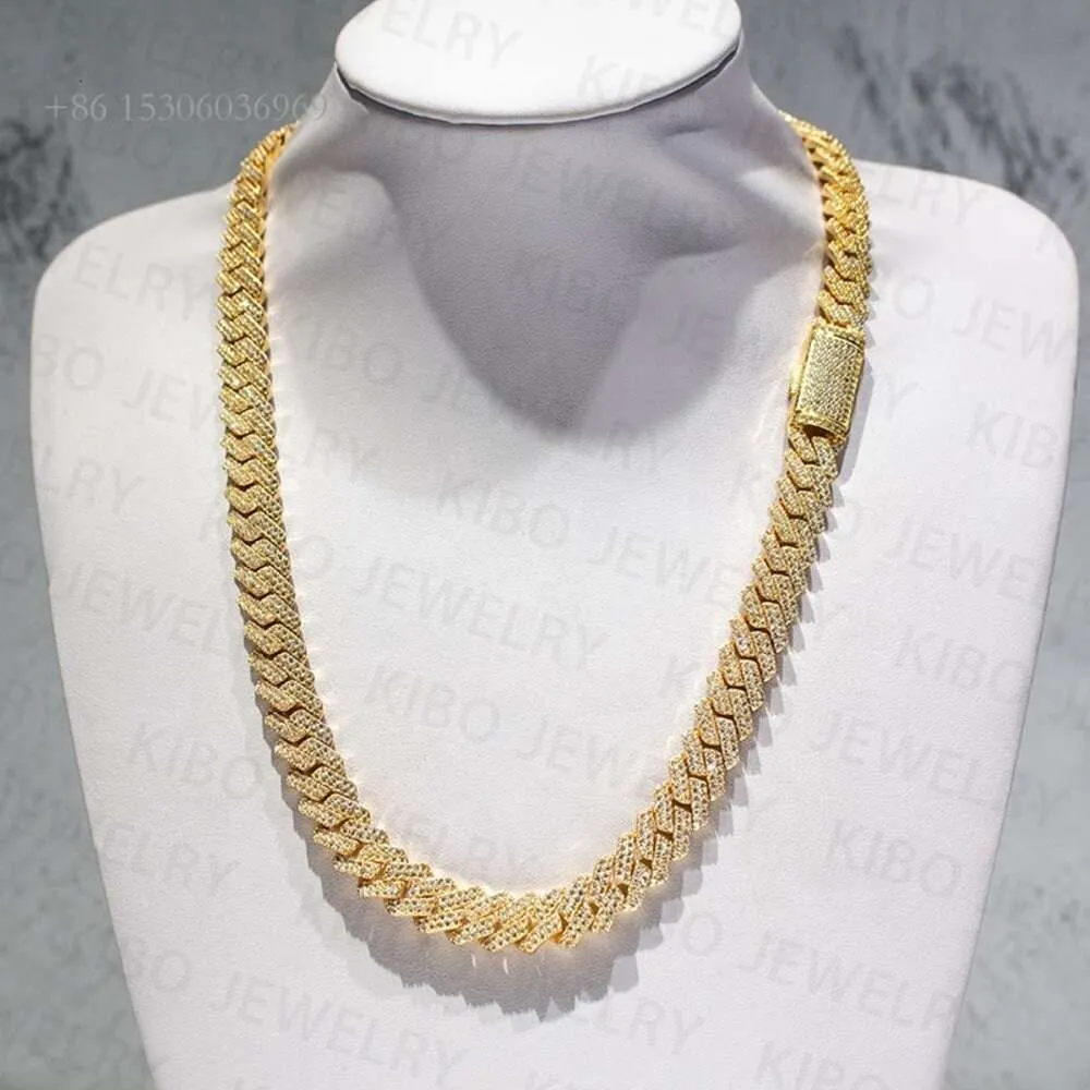 Collana a catena a maglie cubane in sier VVS Moissanite con griffe da 12 mm placcate in oro per gioielli hip-hop