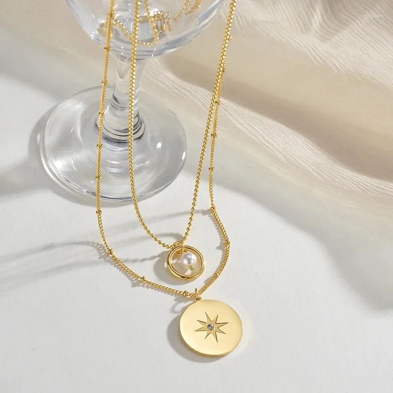 Pendentif Colliers Rond Coin Star Élégant Imitation Perle 2 Couches Chaîne Collier En Acier Inoxydable Pour Femmes Fille Mode Bijoux