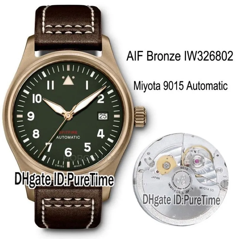 AIF Spitfire Automatyczne brąz IW326802 Miyota 9015 Automatyczne męskie zegarek Zielone wybieranie brązowych skórzanych zegarków P237o