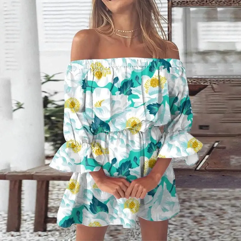 カジュアルドレス夏の花のためのヴィンテージビーチセクシーなオフショルダーチュニックサンドレスルーズフィットベルスリーブドレス