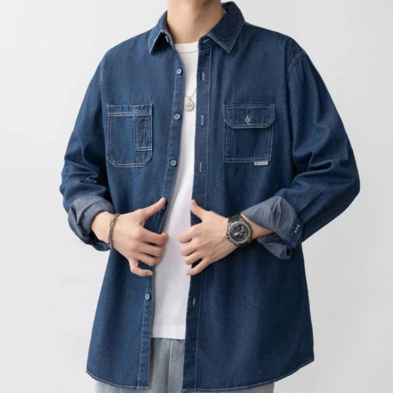 Men's Casual Shirts Brand Fashion Denim Shirt Four Seasons Long Sleeved Loose Retro Top Male Blue Light