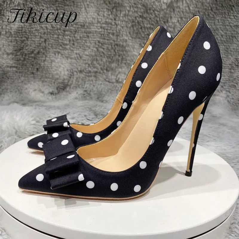 ブーツTikicup Polka Dot Women Black Satin Stiletto High Heill With Bowknotシックな女性デザイナードレスシュー