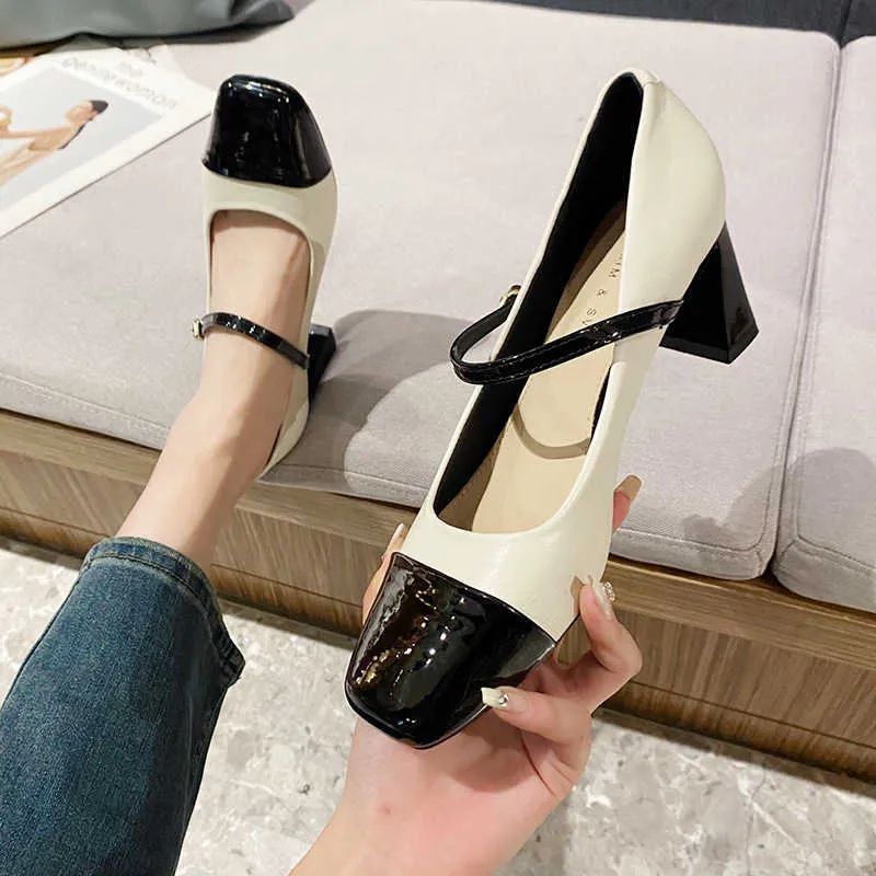 HBP Non-Brand Womens high heels soft leather Mary Jane shoes color blocking shoes thick shoes