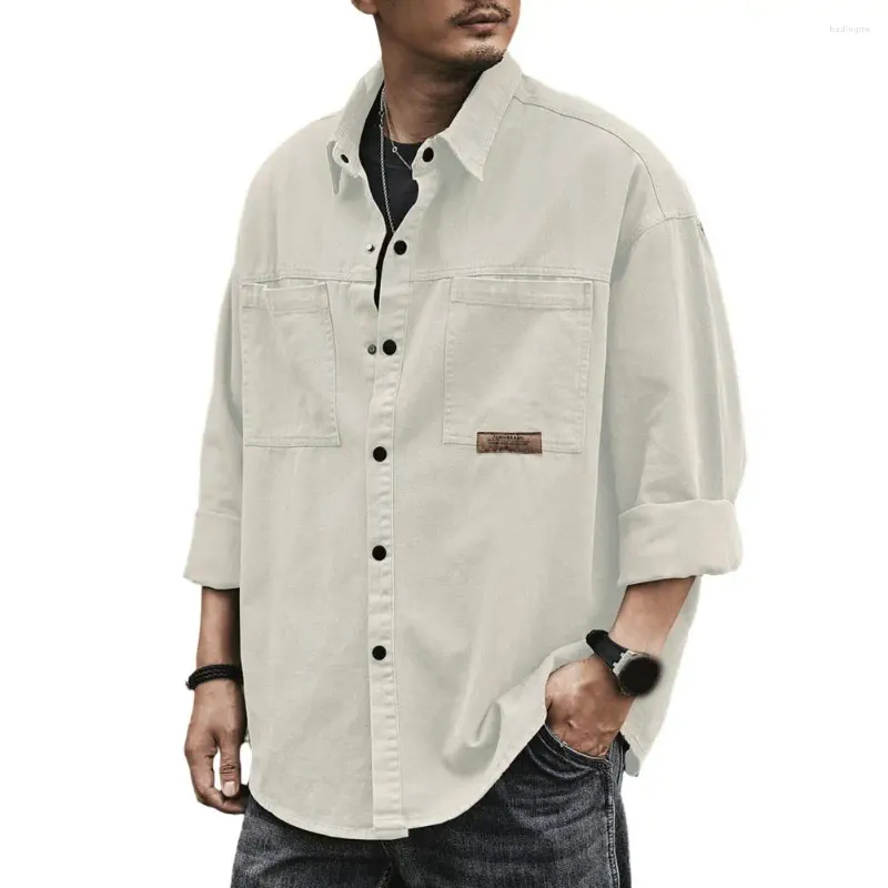 Camisas casuais masculinas estilo retro camisa cardigan com gola virada para baixo bolsos de cor sólida manga comprida botão para a primavera
