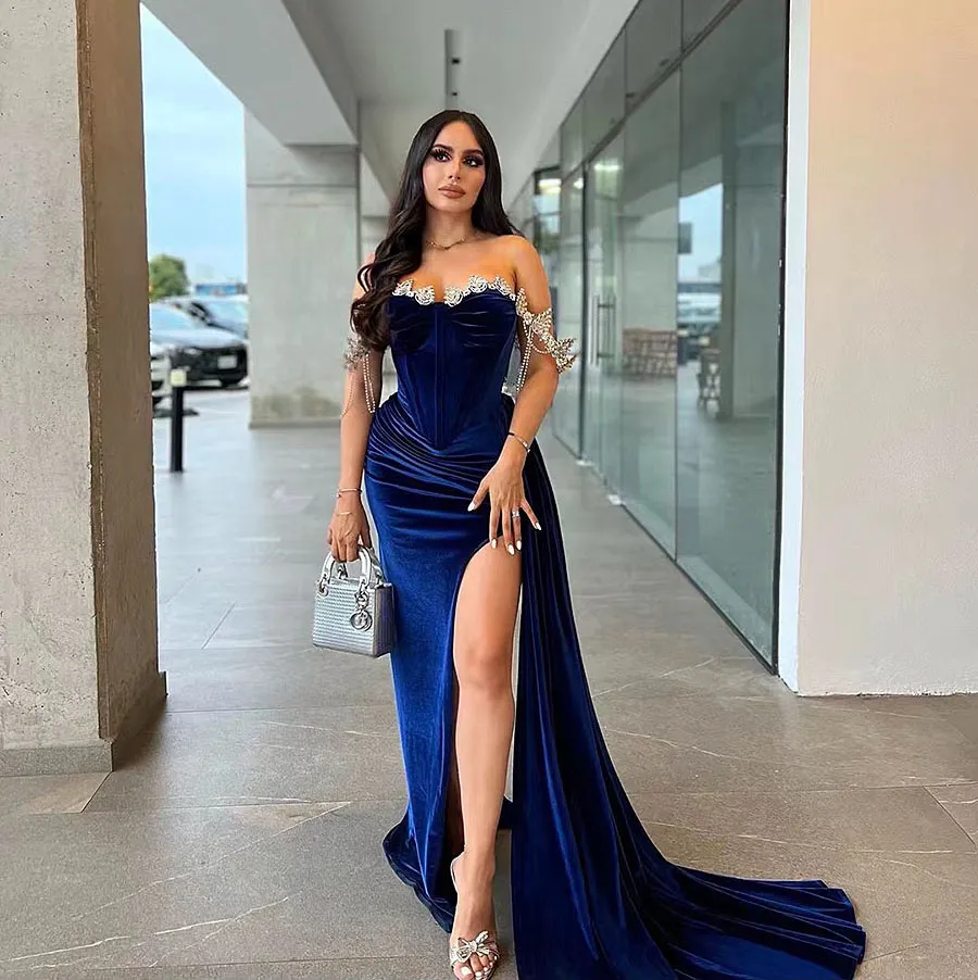 Elegant Luxurious Beading Evening Dresses For Women Beautiful Fashion Female Off The Shoulder Sleeveless High Slit Prom Gowns 326 322