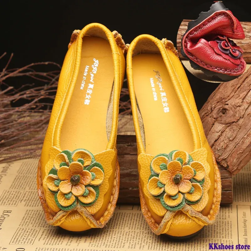 Buty Spring Skórzane buty kobiety Flats Nowy styl Kwiat Oryginalne skórzane buty do żeńskich mieszkań swobodne buty