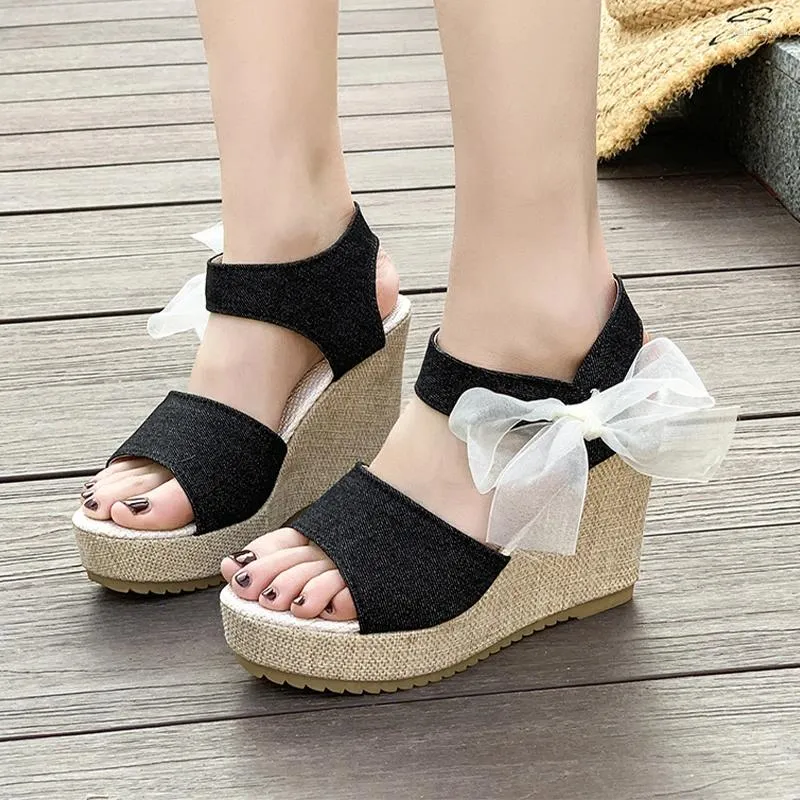 Sandals Bow High Heels Women Wedges Cozy Shoes Walking Slippers Summer 2024 Fashion Platform Flip Flops Beach Femme Slides