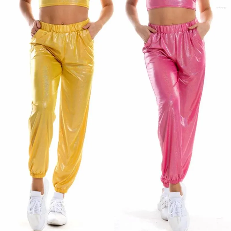 Abbigliamento da palco Pantaloni da jogging metallizzati da donna Pantaloni streetwear Vita elastica Lucido olografico Pantaloni lunghi casual allentati Danza hip-hop