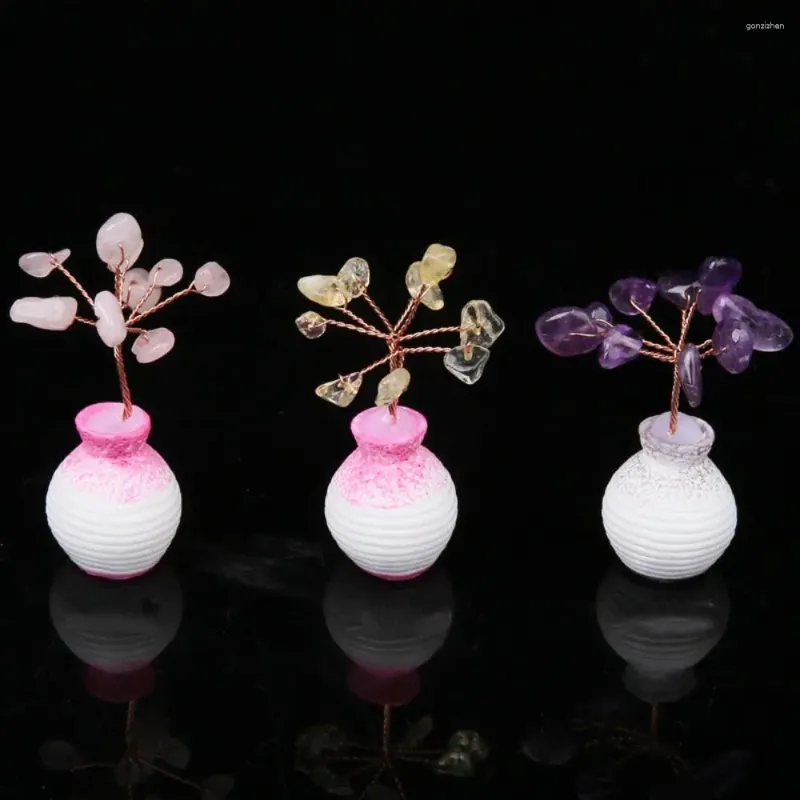 Decoratieve Beeldjes Mini Vaas Natuurlijke Kristal Fortuin Boom Koperdraad Vaste Ornament Chinese Feng Shui Edelsteen Bomen Home Desktop Decor