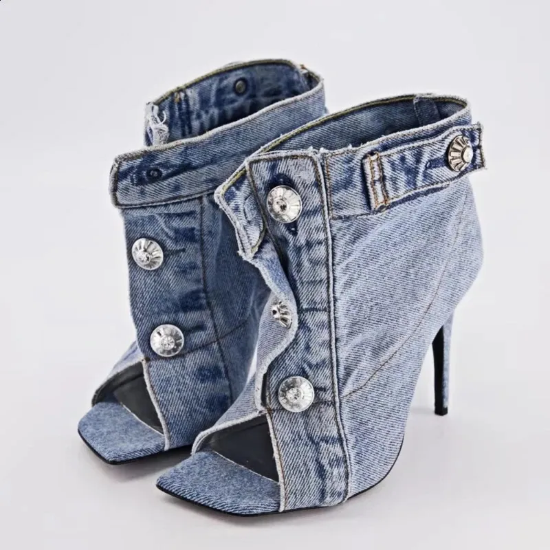 Летние брендовые модные джинсовые сандалии на высоком каблуке с карманами, очаровательная женская обувь, удобные тапочки 240311