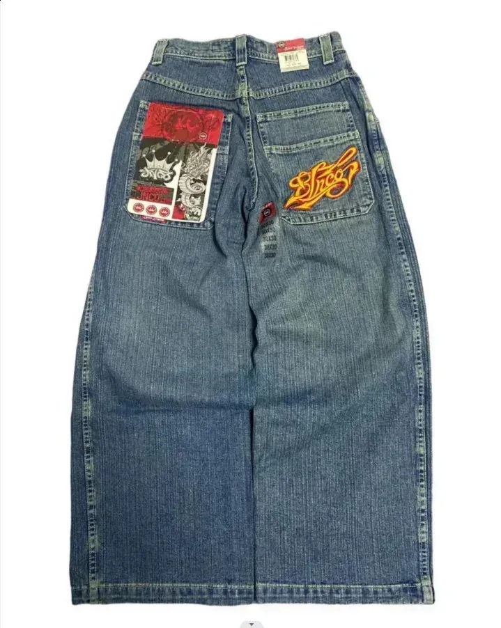 JNCO Jeans Y2K Harajuku Hip Hop Letter Embroidered Vintage Baggy Denim Pants Mens Womens Goth High Waist Wide Trousers 240315