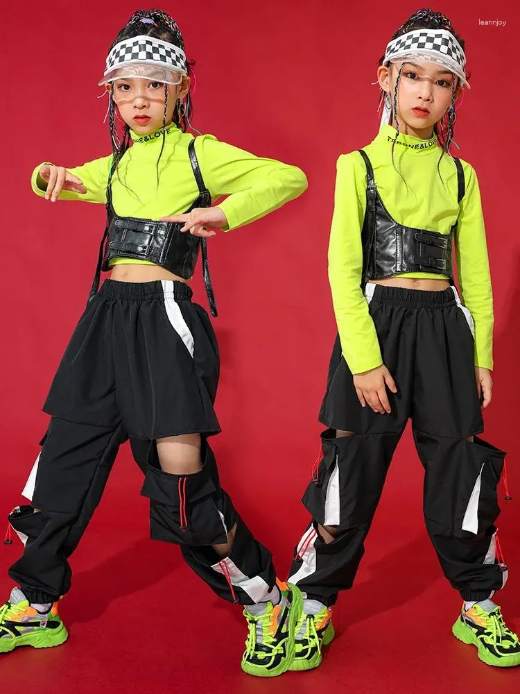 ステージウェアガールズジャズダンス服ヒップホップコスチュームグリーントップブラックヒップホップパンツキッズモダンパフォーマンススーツkpop outfit bl9899