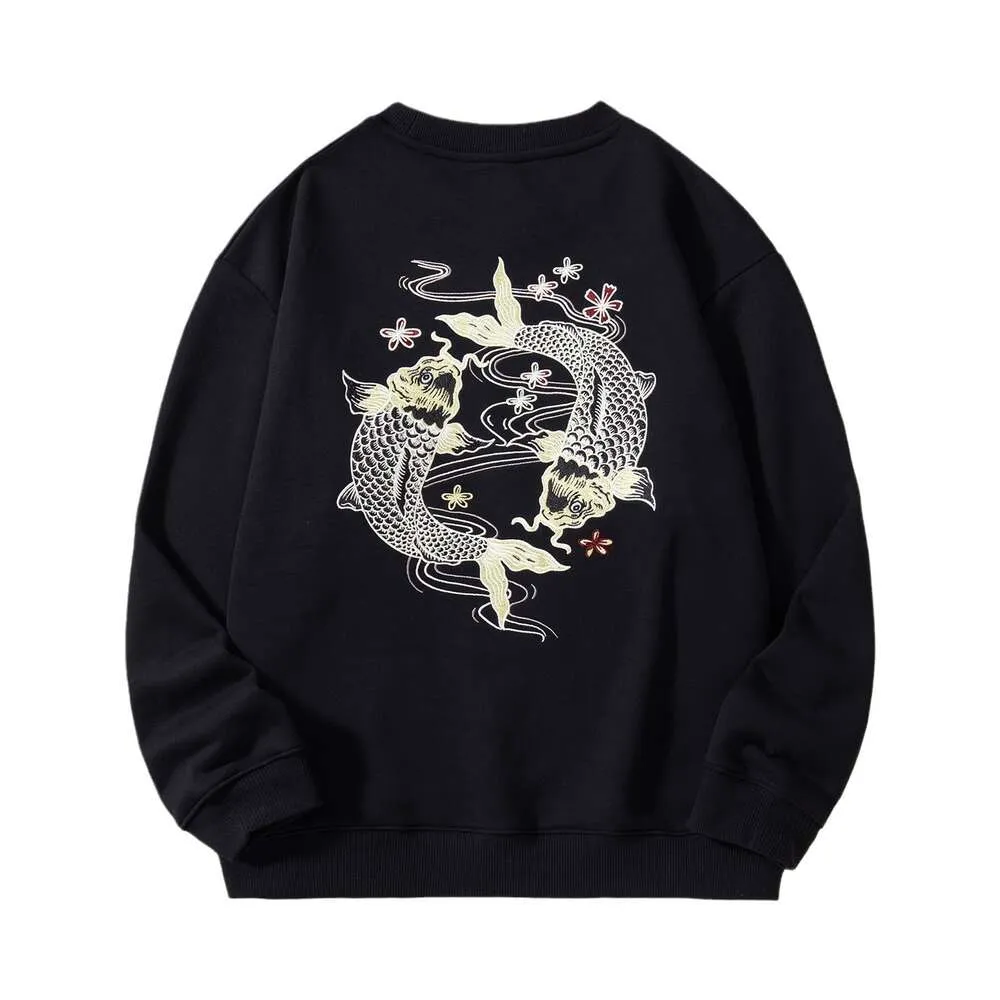 Koi ağır endüstri, Çin tarzı, saf pamuklu, gevşek ve modaya uygun, büyük boy, modaya uygun marka, erkek ceket, yuvarlak boyun, genç olan erkekler için işlemeli sweatshirt