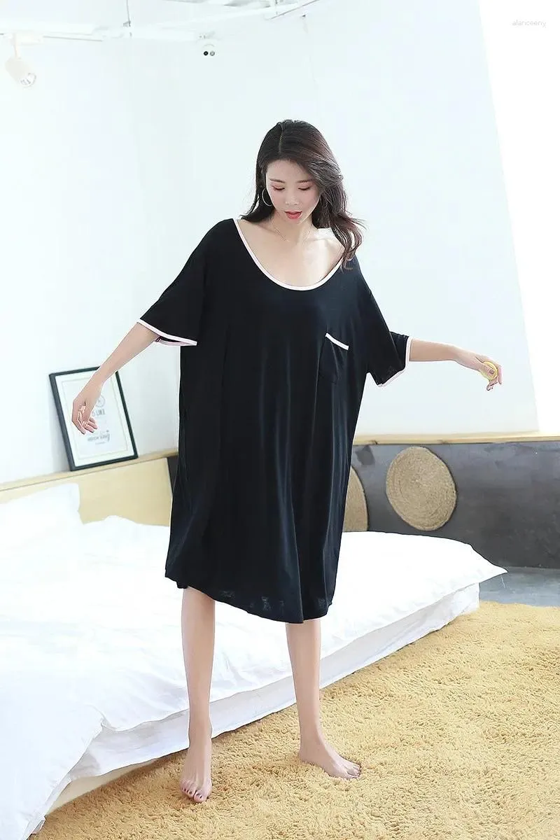 Womens Sleepwear Modal Black Nightwear Girls Loose Long Nightgown Summer Short Sleeve Backless Sexy Sleepshirt Plus Size 2xl 3xl Female