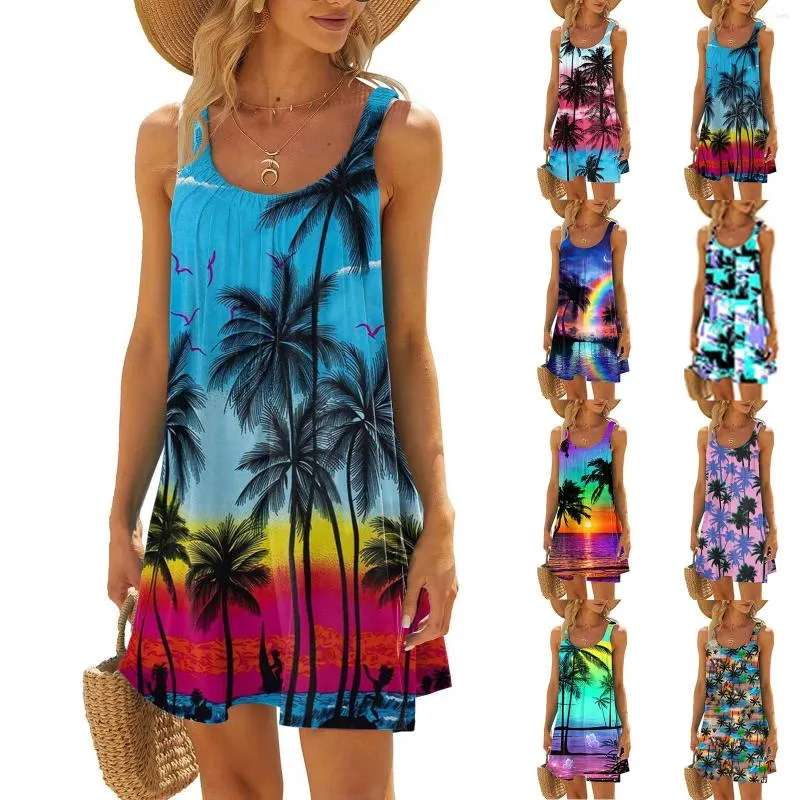 Casual Dresses Floral Print Hawaii Style Women's Dress Summer Sleeveless Beach Sundress Tank Straps Vacation Vestidos