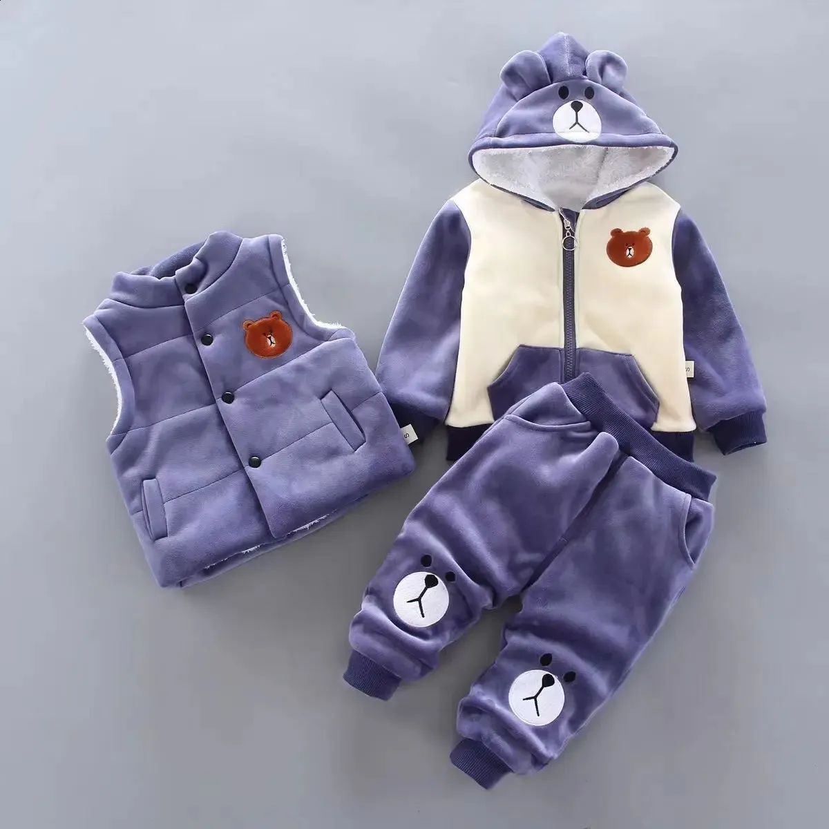 Ensemble de vêtements d'hiver pour bébé garçon de 05 ans, pull à capuche épais et chaud en coton, ours mignon de dessin animé, costume trois pièces pour fille, automne 2023, 240314