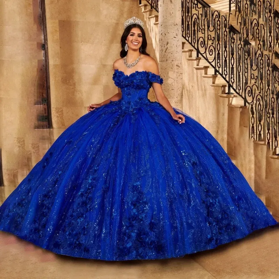 Königsblaues Quinceanera-Kleid 2024 mit Pailletten, handgefertigt, 3D-Blumen, süßes 16-Kleid, Ballkleid, Schnürung, Vestidos de 15