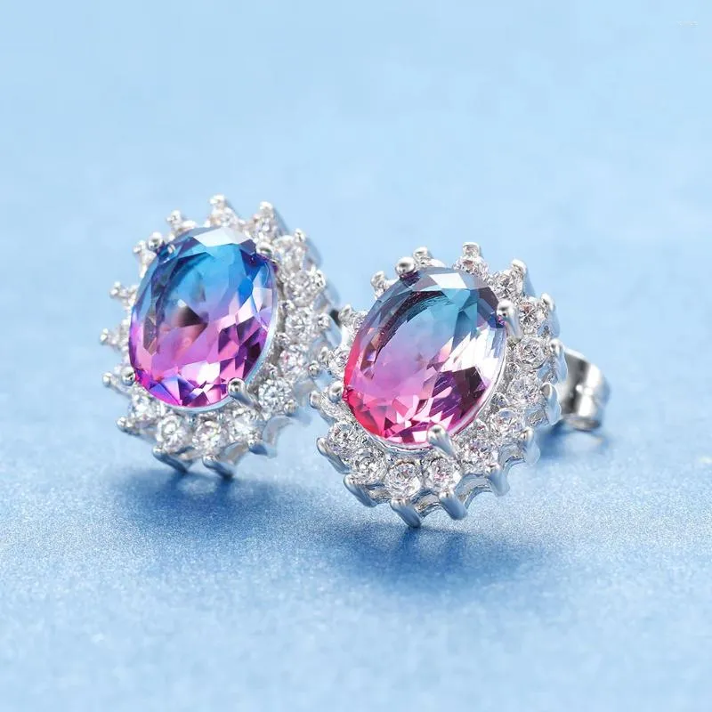 Stud Earrings Luxury Multicolor Tourmaline Flower Silver Color Oval Cut Zircon Crystal Stone Ear Studs For Women Jewelry