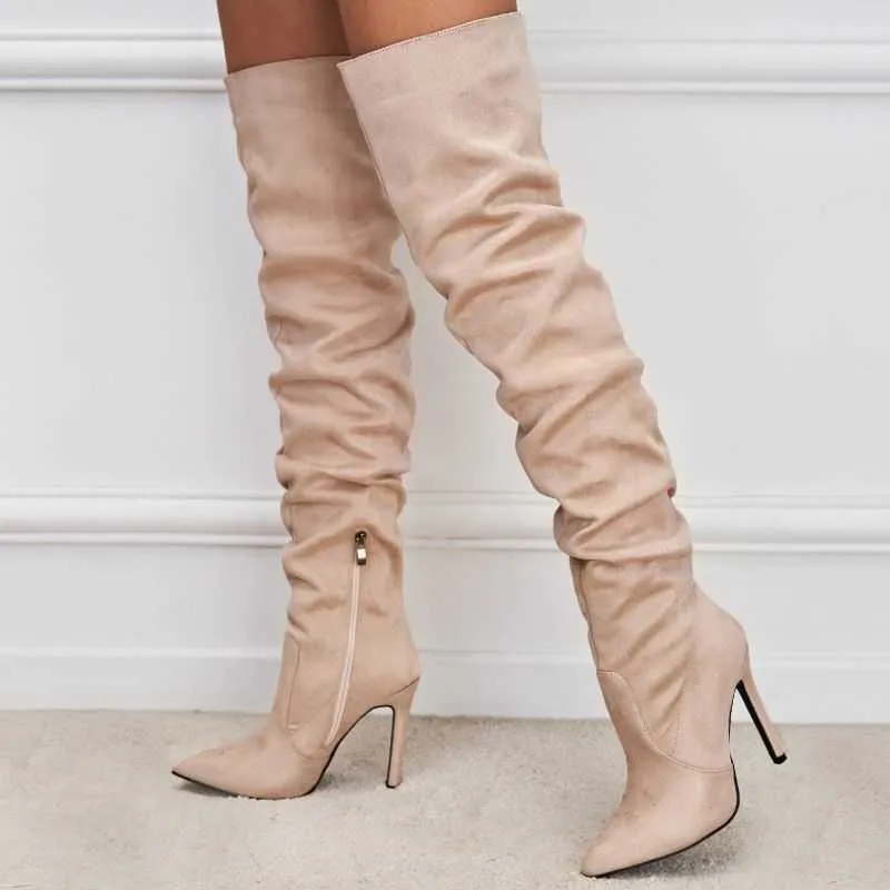 HBP Pelle scamosciata non di marca Botas Largas De Mujer Tacco a spillo Rughe Lungo Trendy Sexy Lady Sopra il ginocchio Stivali alti alla coscia per le donne