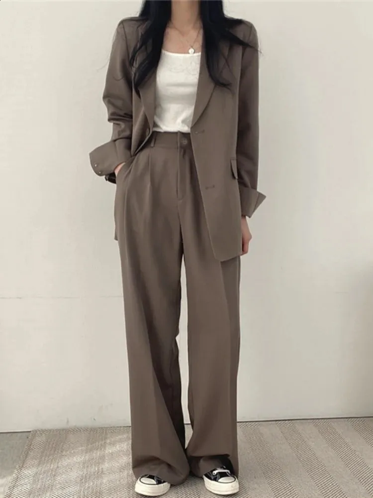 Solid Elegant Suit Coat Autumn Winter Clothing 2023 Women Jacket byxor Ställ in full ärm Single Breasted Pants 240305