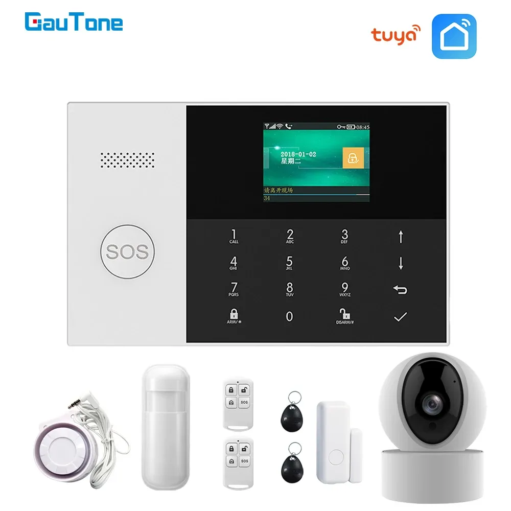 Kits GauTone PG105 WIFI GSM Alarm System 433 MHz Home Security Alarm Smart Kits RFID PIR Bewegungsmelder mit IP Kamera APP Steuerung