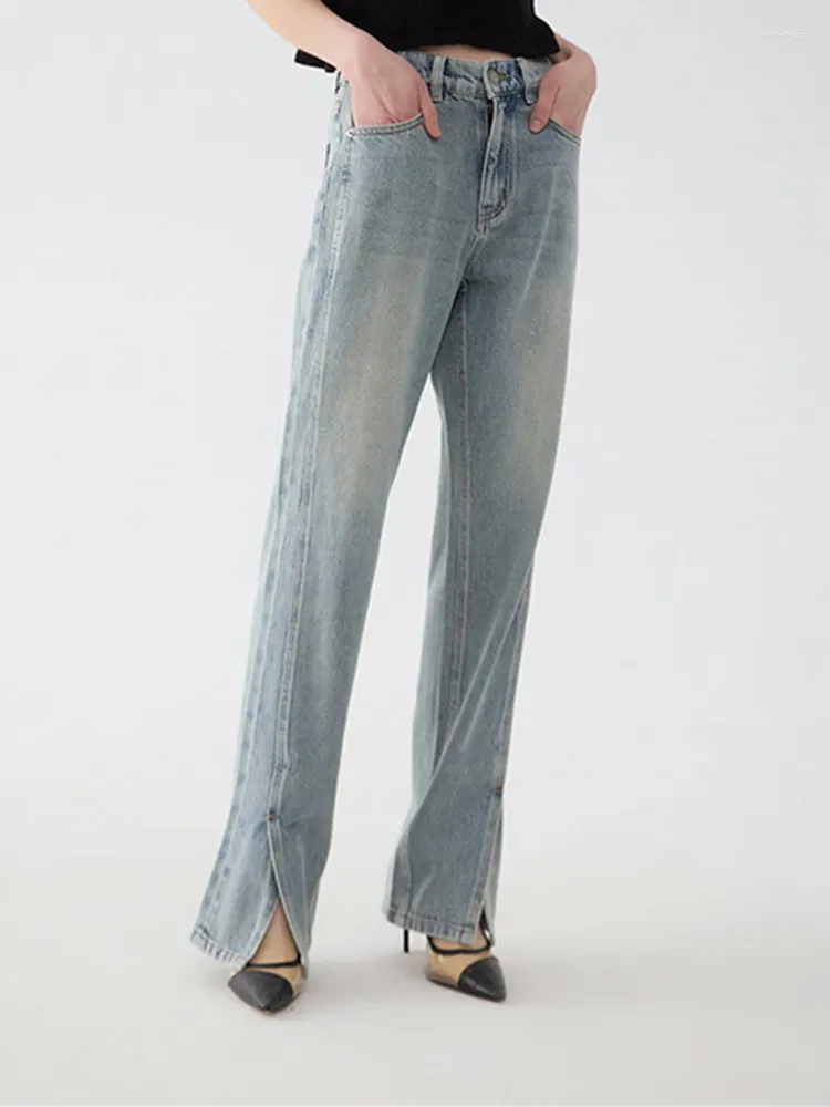 Kvinnors jeans 2024 våren rak lång hög midja vintage lösa damer slits denim byxor