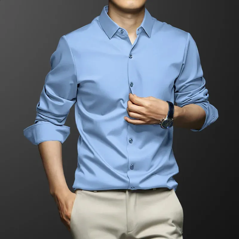 Роскошная мужская рубашка с длинными рукавами, поплин из ледяного шелка, против морщин, без глажки, деловая и офисная модная повседневная рубашка высокого качества S ~ 6Xl 240306