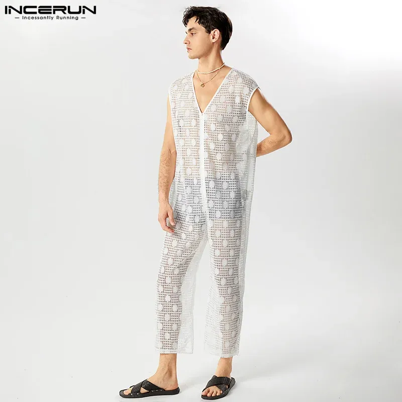 Overall 1incerun Men jumpsuits spets transparent v nack ärmlös sexig manlig rompers streetwear 2023 dragkedja löst modeövergripande s5xl