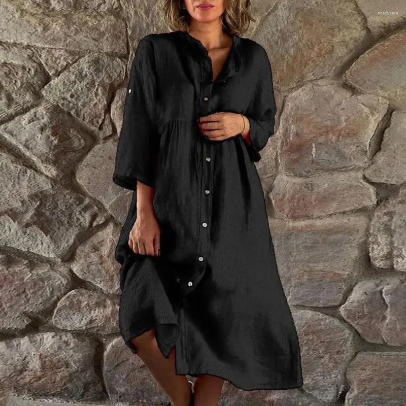 Casual Kleider Frauen Baumwolle Leinen Kleid Mode Lose Button Up Langarm Hemd Vintage Solide Strand Party Midi Robe