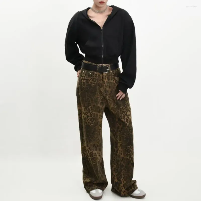 Calças femininas 2024 leopardo jeans mulheres denim feminino perna larga calças streetwear hip hop roupas vintage solta casual calça reta