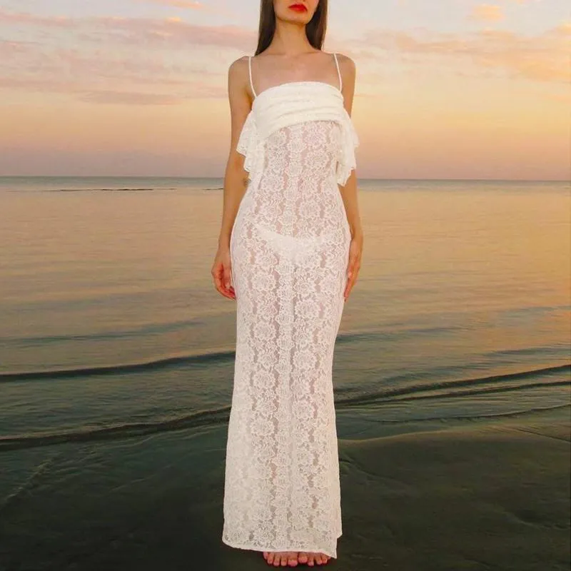 Casual Dresses Women's Summer Long Cami Dress White Sleeveless Backless Sheer Lace Party