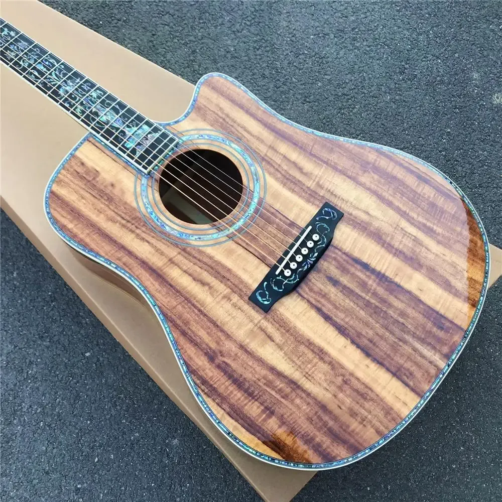 Guitare acoustique en bois de Koa complet, guitare Koa solide pan coupé de Style D de 41 pouces, touche en ébène, incrustations d'ormeau véritable