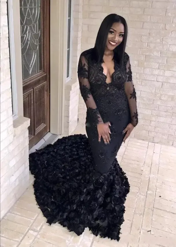 Gothic Black Mermaid Prom Dresses 2K19 3D Rose Sweep Train Evening Gowns South African V Neck Sheer Long Sleeves Formal Party Dress