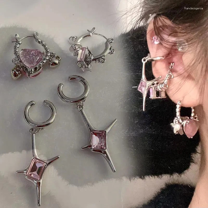 Boucles d'oreilles pendantes Style Egirl, boucles d'oreilles en Zircon rose, Clip en os, géométrie asymétrique, bijoux de perçage, accessoires de fête brillants pour filles douces