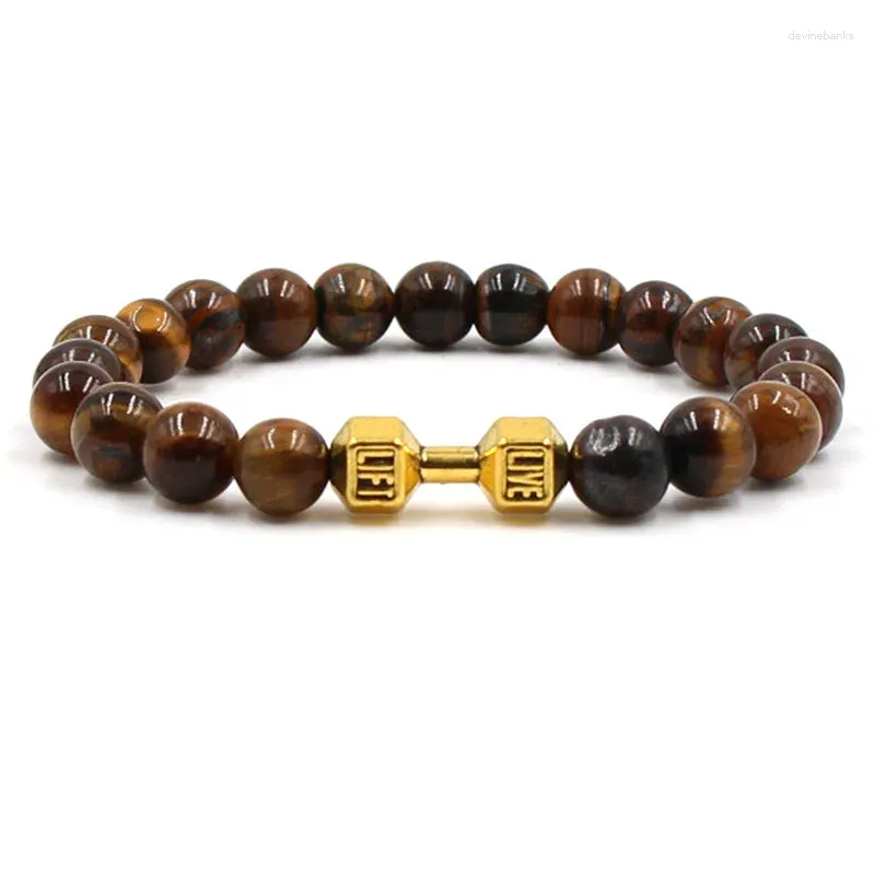 Strand Elegant Tiger Eye Stone Beads Armband Black Golden Silve Barbell Armband för Womenmen Charm smycken Pulseras Handgjorda gåvor