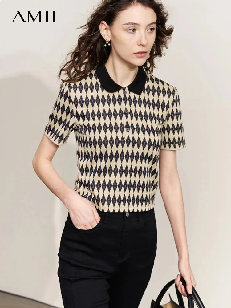 AMII Minimalizm T-shirt dla kobiet Summer Polo Neck krótki rękaw Rhombus Chessboard Tops Office Lady T-shirty 12342200 240308