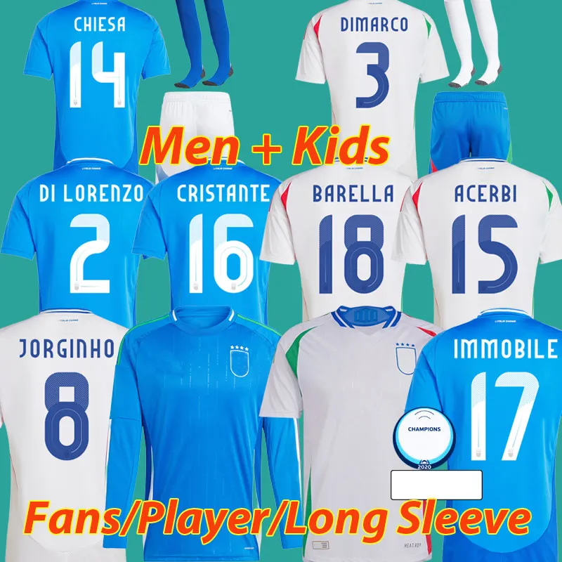 2024 Koszulki piłkarskie Italys Jorginho insigne dimarco fanów Wersja Chiesa Barella Chiellini 125th Football Long Sleeve Włoskie koszule Męs