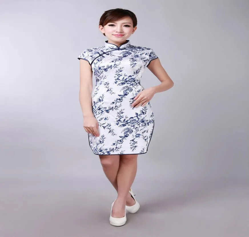 Elegant Print Chinese Cheongsam High Collar Capped Short Sleeves Chinese Dresses Mini Short Side Split Evening Dress2255646