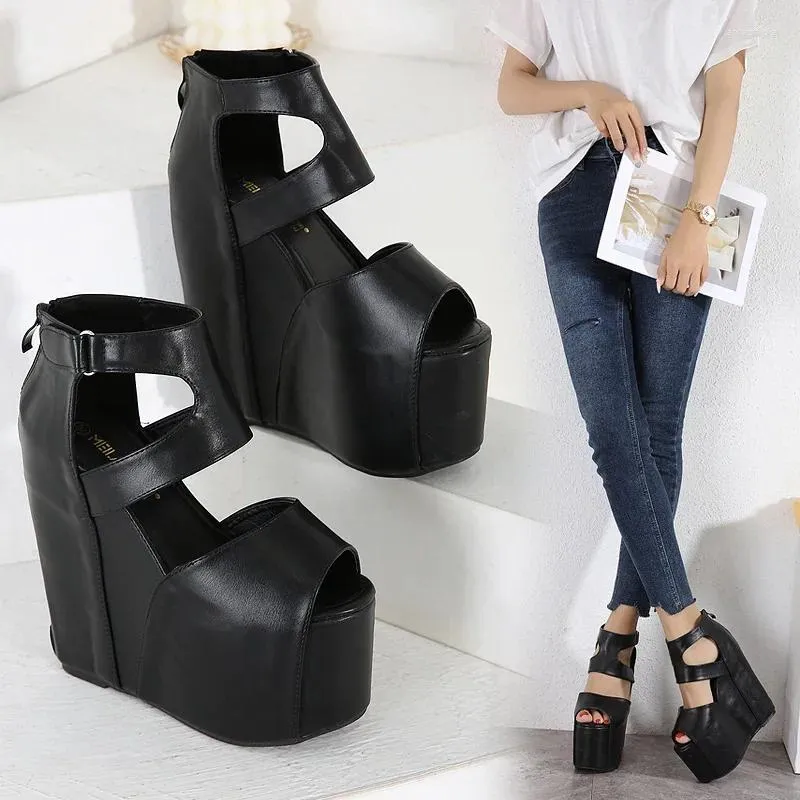 Dress Shoes 2024 Sexy Female Sandals 17 Cm Thick Bottom Silver Wedge Super High-heeled Nightclub Catwalk