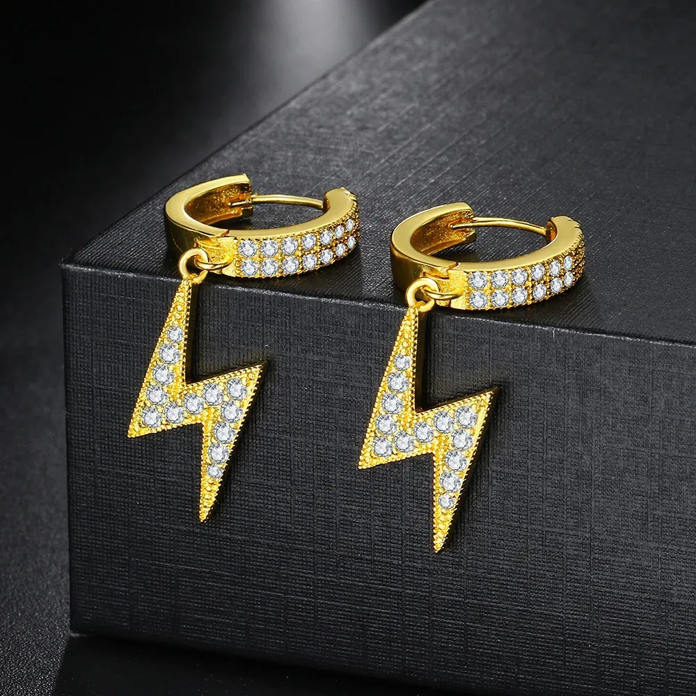 Hip Hop 14k Yellow Gold Drop Earrings for Women Cubic Zirconia Iced Out Lightning Pendant Ear Accessories Hippie Jewelry