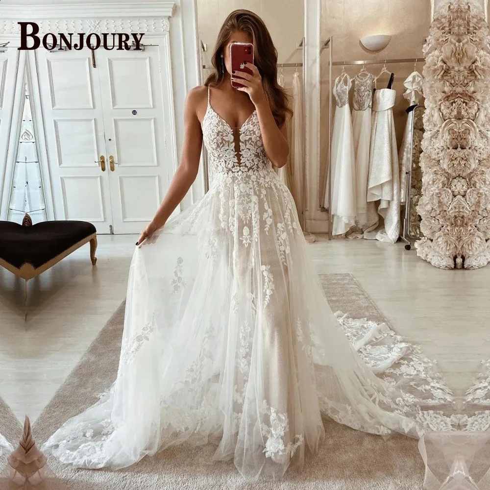 Bonjoury vestidos de casamento elegantes para mulheres, sem costas, sem mangas, amor, robe de mariee feito sob encomenda, noiva formal 240314