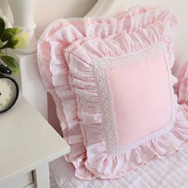 Pillow European Embroidered Cover Princess Ruffle Lace Satin Cotton Backrest Lumbar Square Hold Case