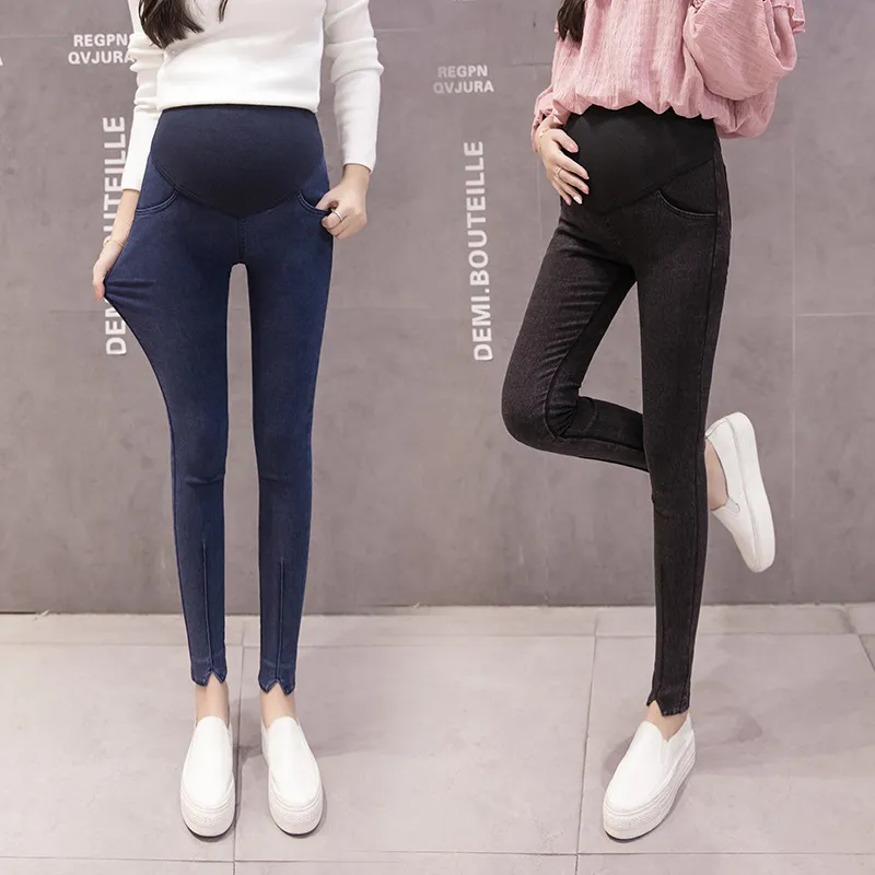 Calça jeans justa para mulheres grávidas primavera e outono para emagrecimento, cintura alta, suporte de cintura e calças para pés pequenos