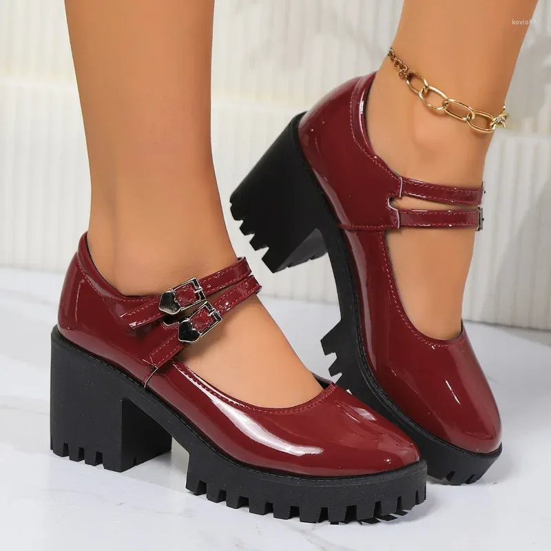 Dress Shoes Platform Heels Women 2024 Spring Round Toe Women's Pumps Comfortable Chunky Heel High Quality Wine Red