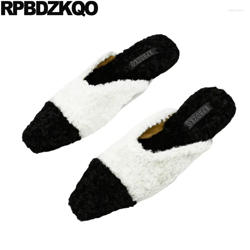 Scarpe casual Pantofole Punta quadrata Muli eleganti Cina in bianco e nero Pelliccia soffice Ultimi appartamenti Tendenza inverno Designer Ragazze Donne