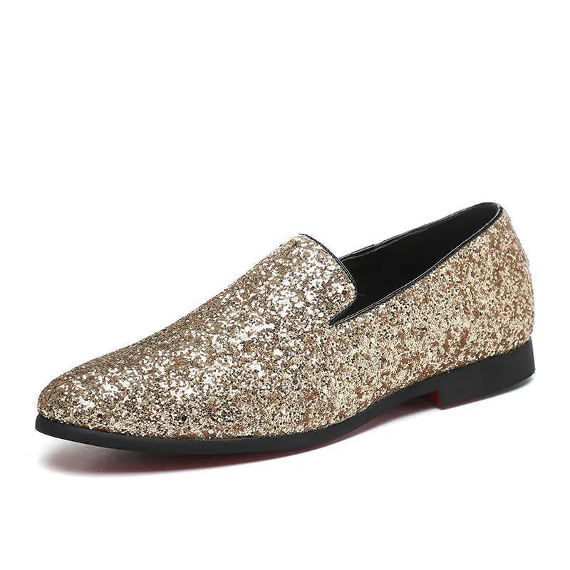 HBP icke-märkesbröllop glitter övre silver designer skor glid på gyllene loafers män klädskor
