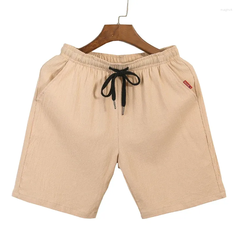 Мужские шорты из хлопка и льна, летние дышащие однотонные спортивные штаны с пятью точками, повседневная уличная одежда с эластичной резинкой на талии