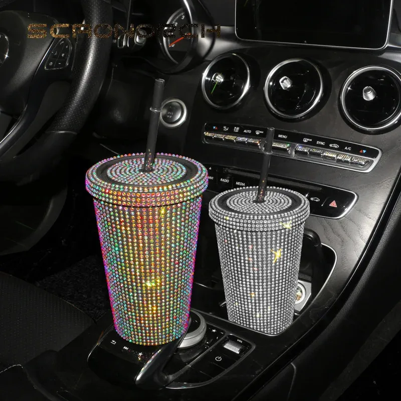 Bling Strass Trinkbecher aus Kunststoff mit Deckel, glitzernde Diamant-Strohhalm-Wasserflasche, Auto-Kaffeetasse, 450 ml, 240327