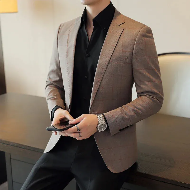 Luxo high-end grade e listra masculino casual terno casaco moda fino ajuste xadrez negócios blazer terno jaqueta para festa de casamento 240313